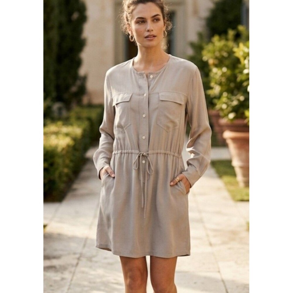 KOCH 100% Silk Size S Utility Shirt Dress Gray Tan Button Front Drawstring